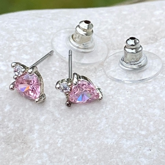SOLD Pink Crystal Topaz heart stud earrings with white cz accent antiqued silver - Picture 4 of 9